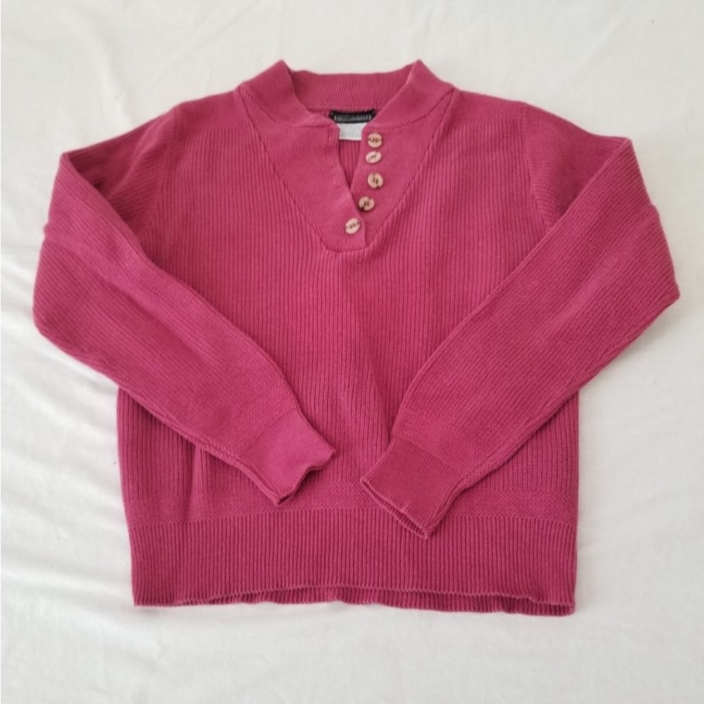 Lands End Burgundy Long Sleeve Henley Sweater w/Button Collar - Size Small